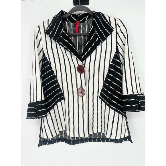 IC by Connie K Jacket Womens Medium Artsy Striped White Black Big Button USA - Picture 1 of 9